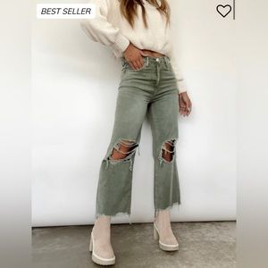 Lane 201 Army Green Ripped Crop Flare Denim, Waist Size 25